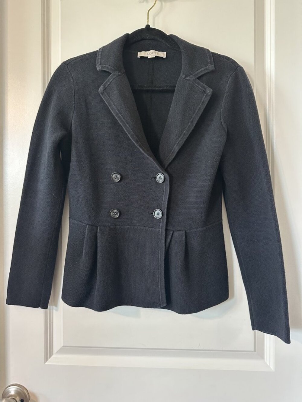 LOFT Black Peplum Sweater Blazer Size S Double Breasted Button Jacket